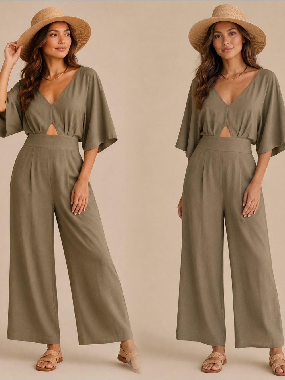 Le Lis Olive Wide-Leg V-Neck Jumpsuit with Front Keyhole